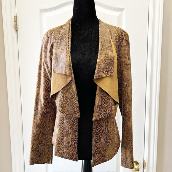 Zara Brown Snake Print Faux Suede Blazer Jacket Open Waterfall Collar Small - Picture 14 of 16